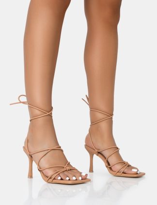 Duet Nude Knot Strappy Lace Up Square Toe Mid Heels