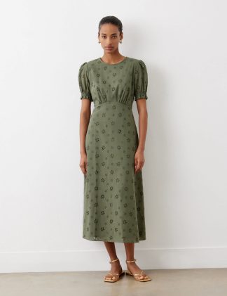 Finery London Women's Pure Cotton Broderie Crew Neck Midi Tea Dress - 20 - Green, Green