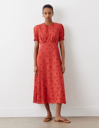 Finery London Women's Pure Cotton Broderie Midi Waisted Dress - 14 - Red, Red