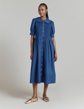 Ghost Women's Pure Cotton Collared Midaxi Smock Dress - XS - Navy, Navy,Mid Blue