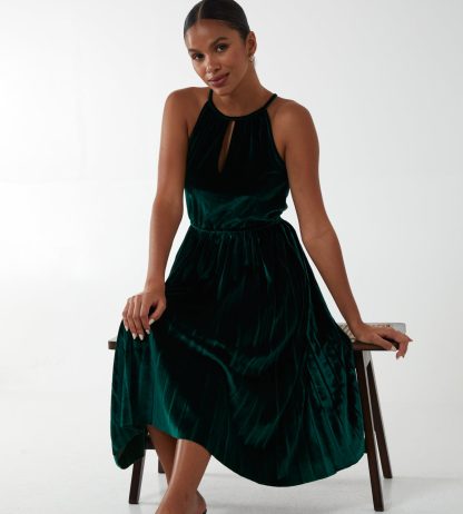 Halter Neck Pleated Velvet Midi Dress - 8 / Bottle Green