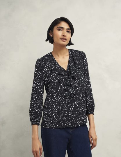 Hobbs Women's Polka Dot V-Neck Ruffle Blouse - 12 - Black Mix, Black Mix