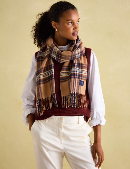 Joules Women's Checked Tassel Scarf - Brown Mix, Red Mix,Brown Mix