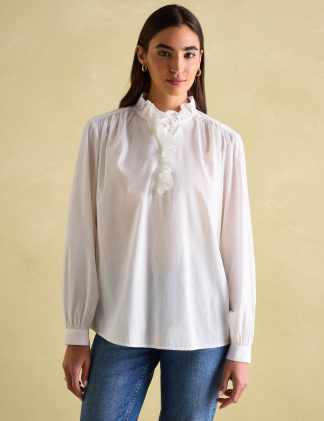 Joules Women's Pure Cotton High Neck Ruffle Blouse - 14 - White, White