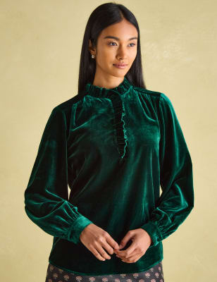 Joules Women's Velvet Ruffle Neck Shirt - 12 - Dark Green, Dark Green