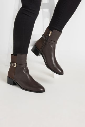 Lts Chocolate Brown Block Heel Buckle Ankle Boots In Standard Fit Standard > 8 Lts | Tall Women's Ankle Boots