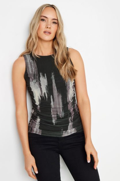 Lts Tall Black Abstract Print Mesh Ruched Top 12 Lts | Tall Women's Going Out Tops