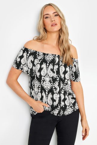 Lts Tall Black Aztec Print Button Detail Bardot Top 20 Lts | Tall Women's Day Tops