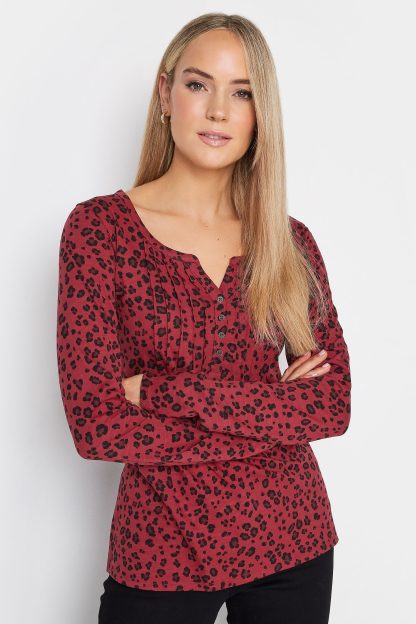 Lts Tall Burgundy Red Leopard Print Long Sleeve Henley Top 14 Lts | Tall Women's Long Sleeve Tops