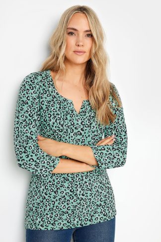 Lts Tall Mint Green Leopard Print Pintuck Button Henley Top 8 Lts | Tall Women's Basic Tops