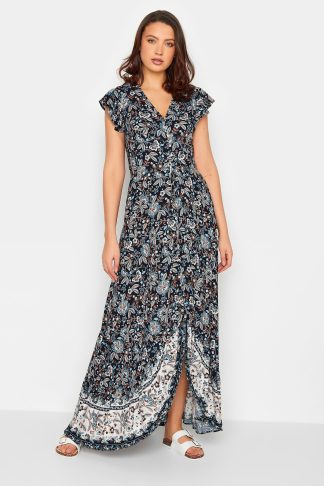 Lts Tall Navy Blue Floral Print Border Maxi Dress 14 Lts | Tall Women's Maxi Dresses