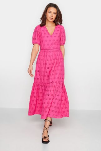 Lts Tall Pink Broderie Anglaise Tiered Maxi Dress 10 Lts | Tall Women's Maxi Dresses