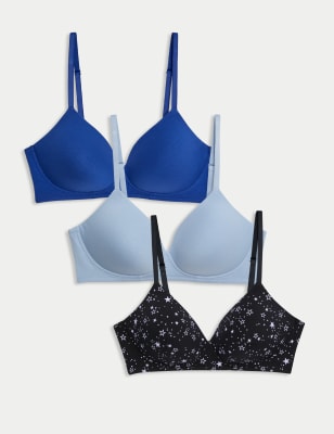 M&S Collection Women's 3pk Cotton Rich Non Wired T-Shirt Bras (A-E) - 36B - Cornflower Mix, Dark Teal,Cornflower Mix