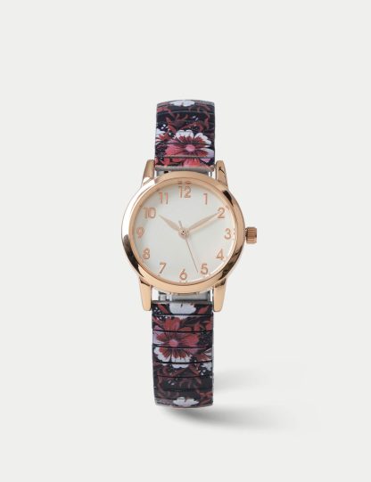 M&S Collection Women's Burgundy Floral Stretch Watch, Burgundy