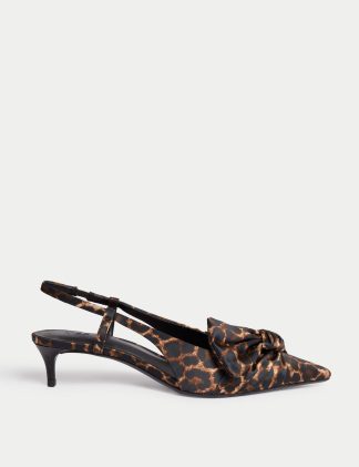 M&S Collection Women's Satin Leopard Print Kitten Heel Sandals - 3 - Brown Mix, Brown Mix