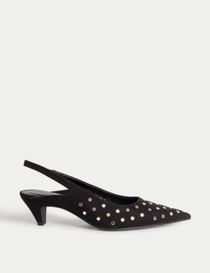 M&S Collection Women's Studded Kitten Heel Pointed Slingback Shoes - 3 - Black, Black