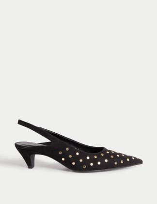 M&S Collection Women's Studded Kitten Heel Pointed Slingback Shoes - 5 - Black, Black