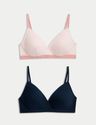 M&S Women's 2 Pack Non Wired Cotton Rich Ribbed First Bras AA-D - 32B - White Mix, Pink Mix,White Mix,Antique Rose