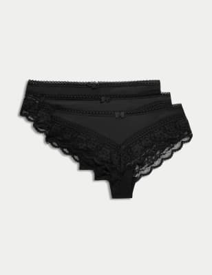 M&S Women's 3pk Lace Trim Brazilian Knickers - 10 - Black, Black,White,Rose Quartz,Turquoise Mix