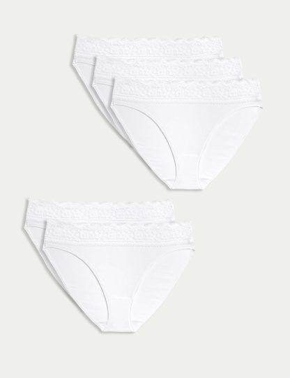 M&S Women's 5pk Cotton Lycra® & Lace Knickers - 12 - White, Rose Quartz,White,Black