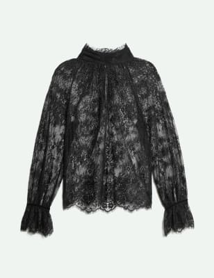 M&S X Sienna Miller Women's Lace High-Neck Long-Sleeved Top - 10 - Black, Black