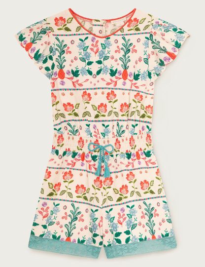 Monsoon Girls Cotton Blend Floral Playsuit (3-13 Yrs) - 5y - Ivory, Ivory