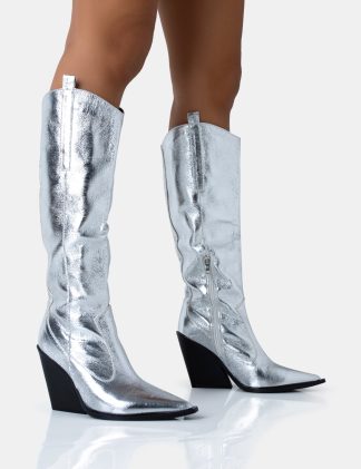 Nevada Silver Metallic Western Cowboy Block Heel Knee High Boots