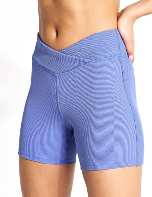 Reebok Women's Studio Ribbed High Waisted Gym Shorts - L - Light Blue, Light Blue