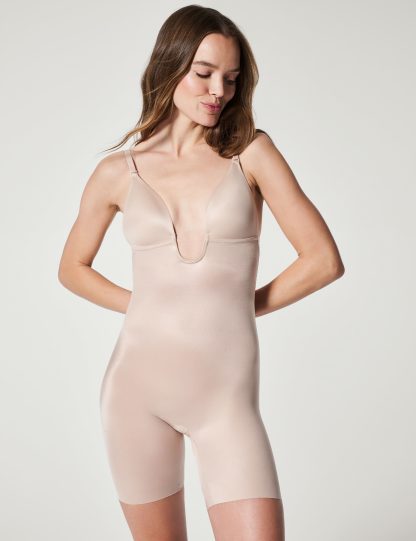 Spanx Women's Suit Your Fancy Medium Control Plunge Low-Back Mid-Thigh Bodysuit - XL - Beige, Beige,Brown,Black