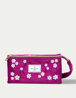 The Flat Lay Co. Women's Open Flat Box Makeup Bag in Embroidered Daisy Plum Velvet