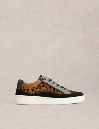 White Stuff Women's Leather Leopard Print Trainers - 5 - Brown Mix, Brown Mix