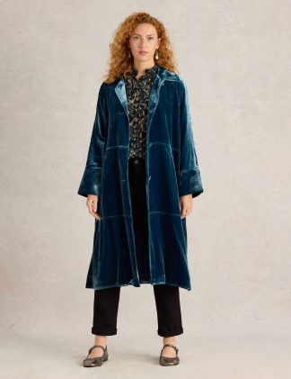 White Stuff Women's Velvet Relaxed Collared Longline Duster Coat - M - Teal, Teal