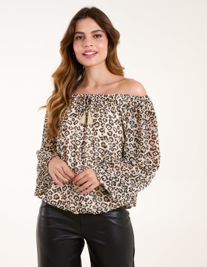 Bardot Elastic Neckline Leopard Tassel Top - S/M / CREAM PATTERN