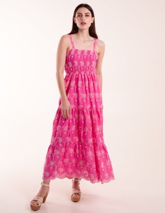 Broderie Anglaise Shirred Bust Dress - L / PINK