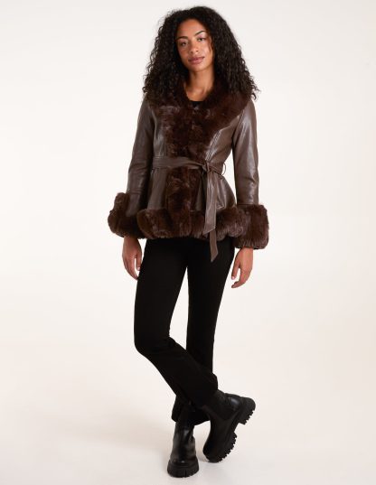 Faux Fur PU Coat With Belt - 8 / CHOCOLATE