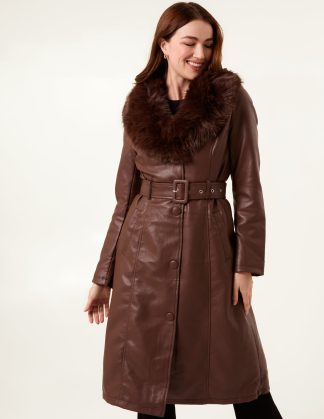 Faux Fur PU Longline Coat - 10 / CHOCOLATE