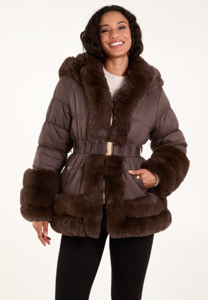 Faux Fur Trim Belted Puffer Coat - 10 / BROWN