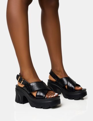 Flare Black Cross Strap Chunky Mid Heel Sandals