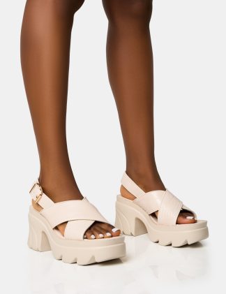 Flare White Cross Strap Chunky Mid Heel Sandals