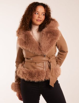 Hooded Faux Fur Cropped PU Jacket - 14 / LIGHT BROWN