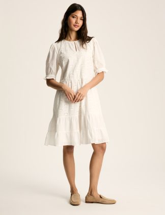 Joules Women's Pure Cotton Broderie Knee Length Tiered Dress - 10 - Ivory, Ivory,Green