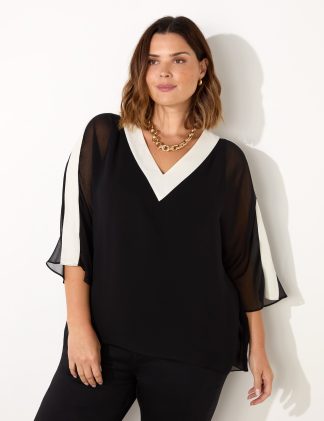 Live Unlimited London Women's Colour Block V-Neck Top - 22 - Black Mix, Black Mix