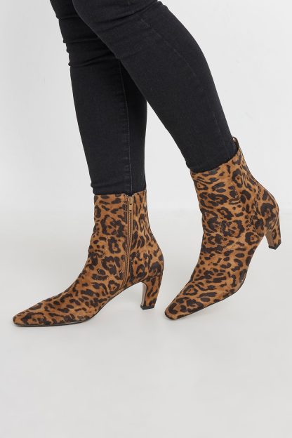 Lts Beige Brown Leopard Faux Suede Heeled Ankle Boot In Standard Fit Standard > 10 Lts | Tall Women's Women's Boots