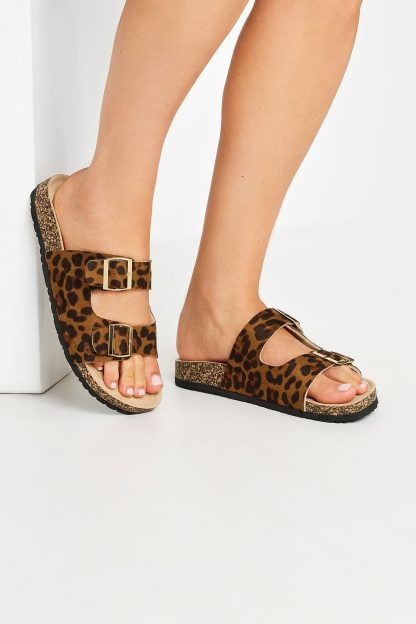 Lts Brown Leopard Print Moulded Footbed Sandals In Standard Fit Standard > 8 Lts | Tall Women's Flats