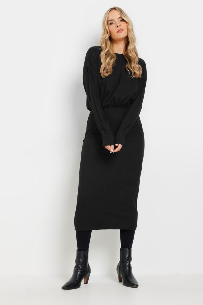 Lts Tall Black Textured Batwing Midi Dress 18 Lts | Tall Women's Midi Dresses