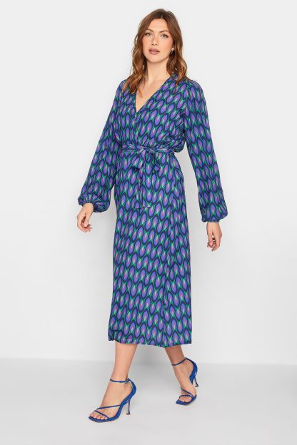 Lts Tall Blue Geometric Print Midi Wrap Dress 16 Lts | Tall Women's Wrap Dresses