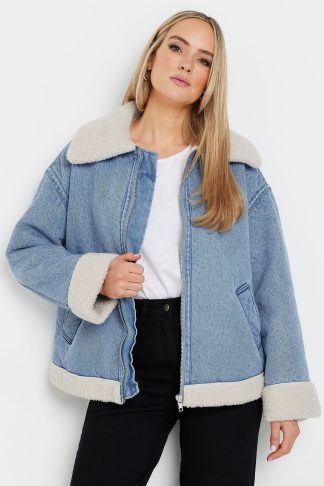 Lts Tall Light Blue Denim Borg Zip Jacket 8 Lts | Tall Women's Denim Jackets