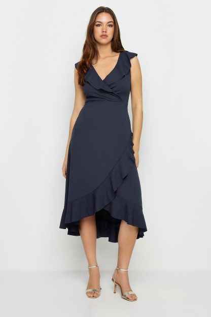 Lts Tall Navy Blue Frill Wrap Midi Dress 16 Lts | Tall Women's Midi Dresses