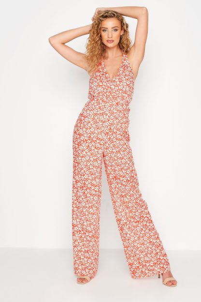 Lts Tall Orange Floral Print Halter Neck Jumpsuit 14 Lts | Tall Women's Jumpsuits