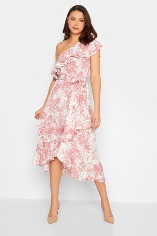 Lts Tall Pink Leaf Print One Shoulder Frill Midi Dress 24 Lts | Tall Women's Summer Dresses